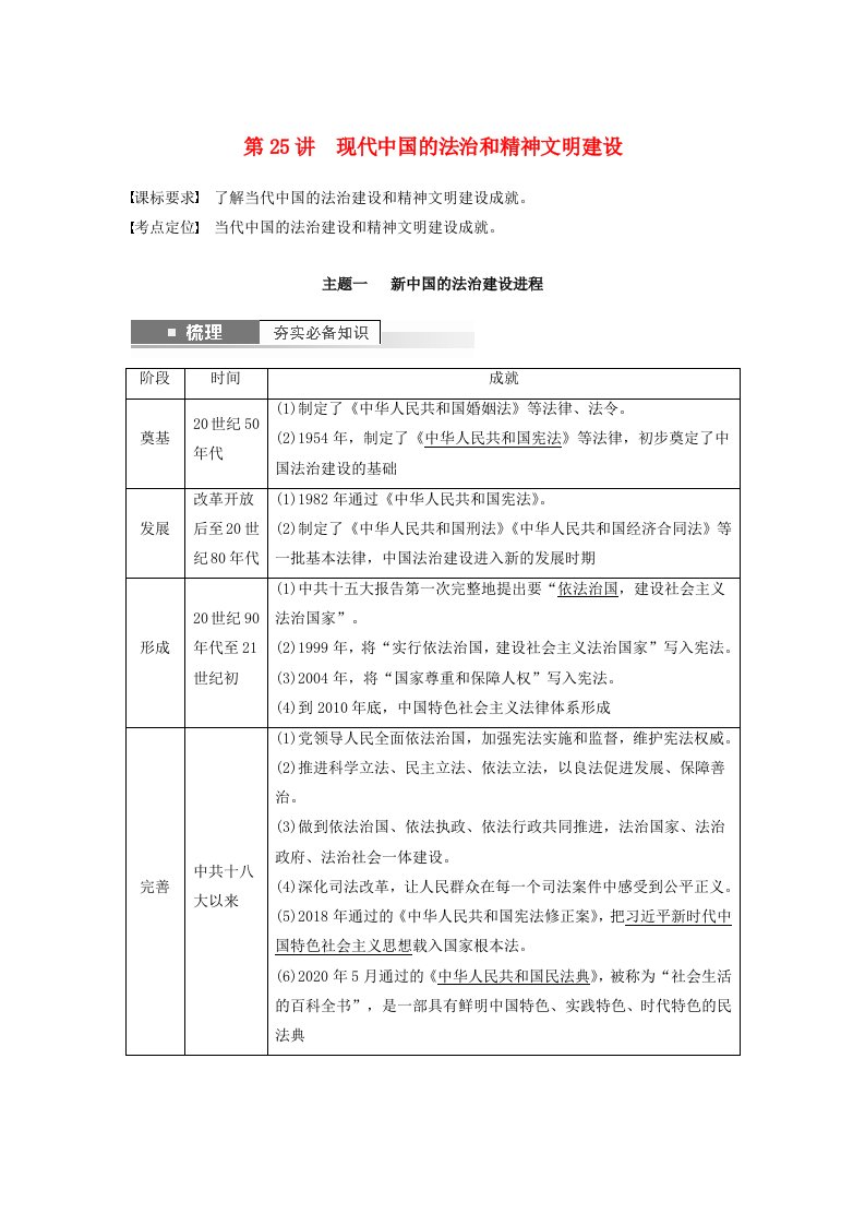 2024届高考历史一轮复习学案第九单元改革开放与社会主义现代化建设新时期第25讲现代中国的法治和精神文明建设部编版