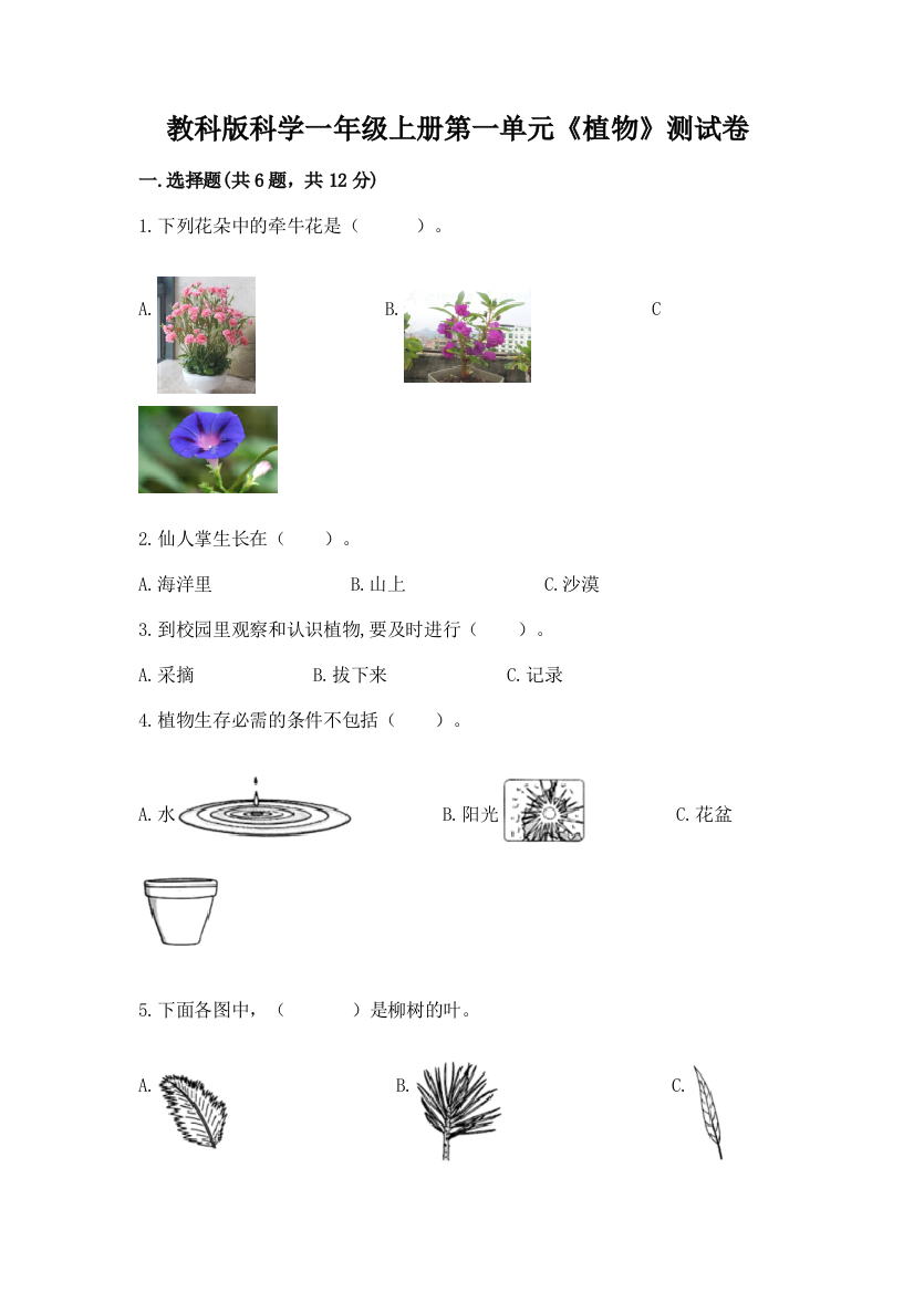 教科版科学一年级上册第一单元《植物》测试卷及答案（易错题）