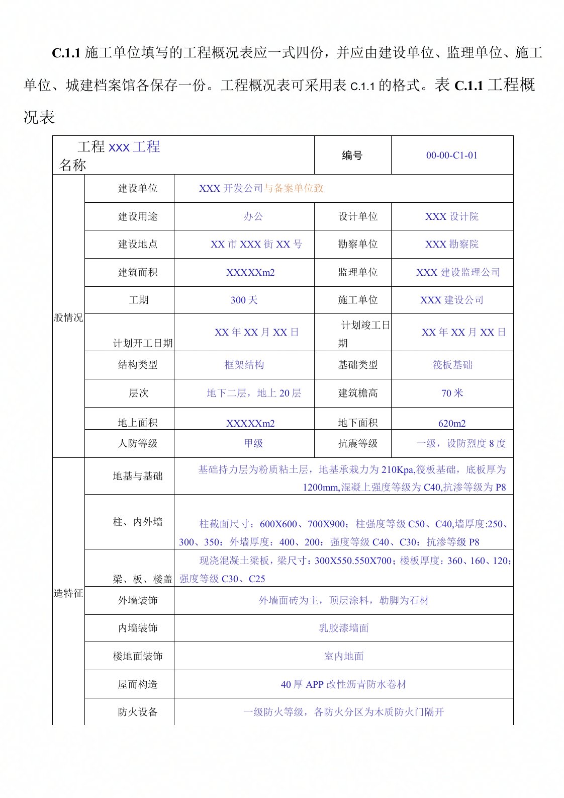 表C.1.1工程概况表