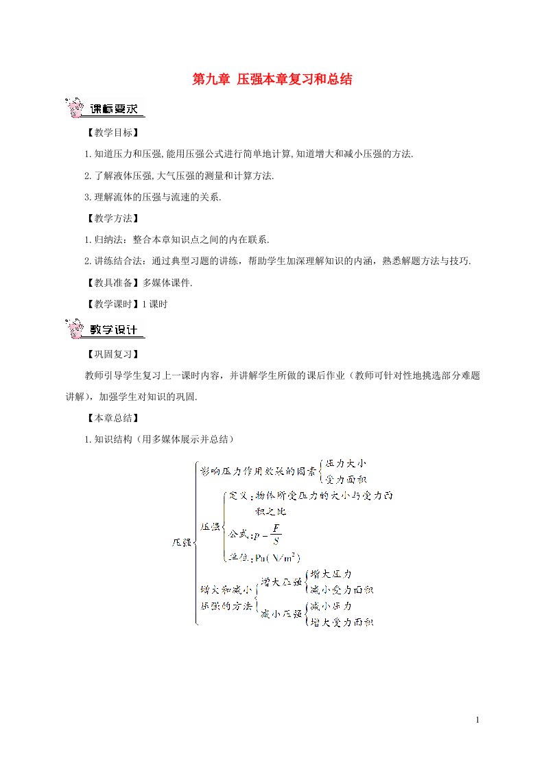 八年级物理下册第九章压强本章复习和总结教案新版新人教版