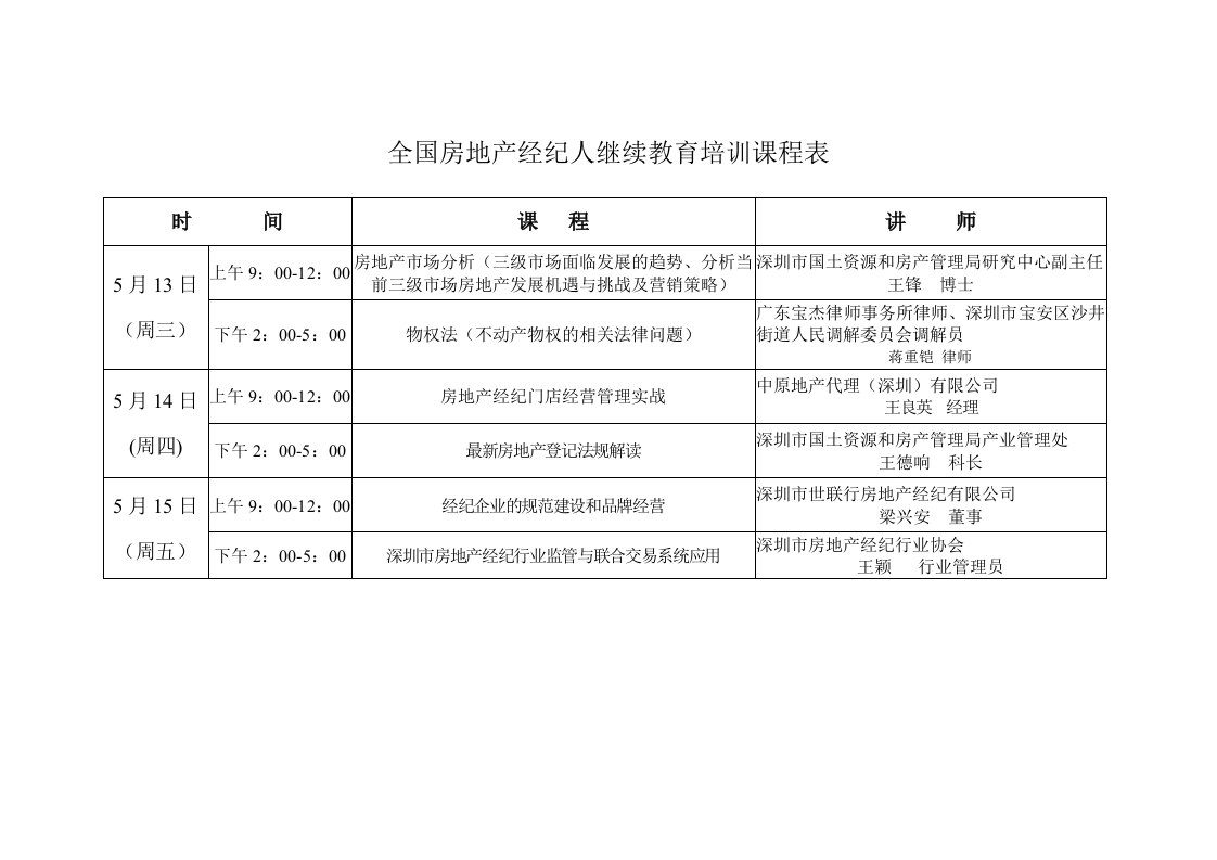 全国房地产经纪人继续教育培训课程表