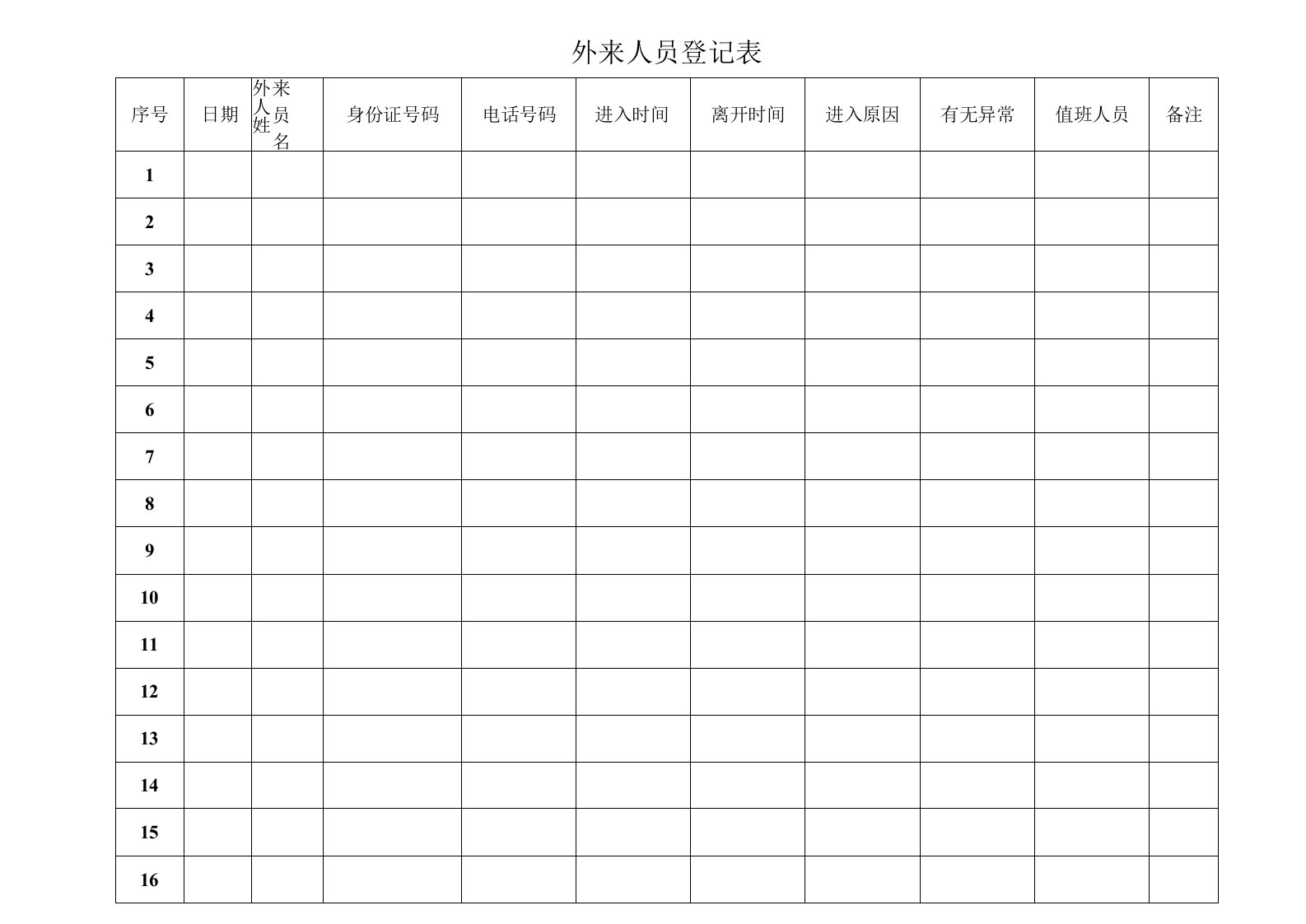 外来人员登记表