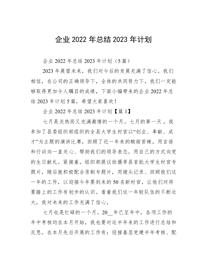 企业2022年总结2023年计划