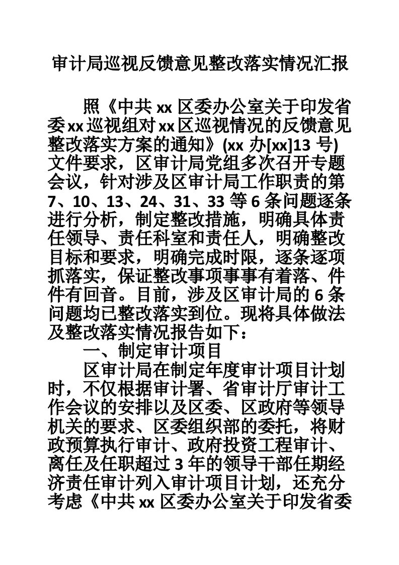 审计局巡视反馈意见整改落实情况汇报