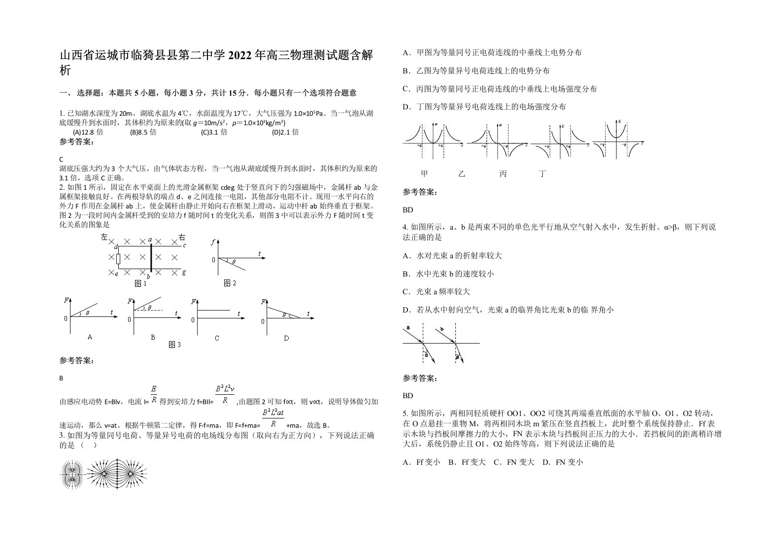 山西省运城市临猗县县第二中学2022年高三物理测试题含解析