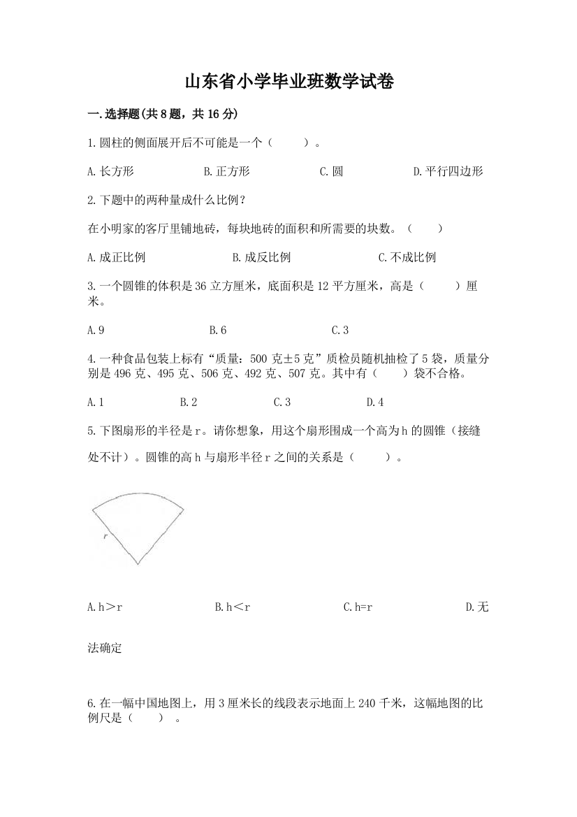 山东省小学毕业班数学试卷精品（典型题）