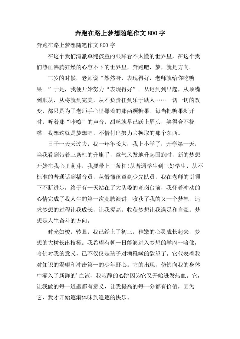 奔跑在路上梦想随笔作文800字