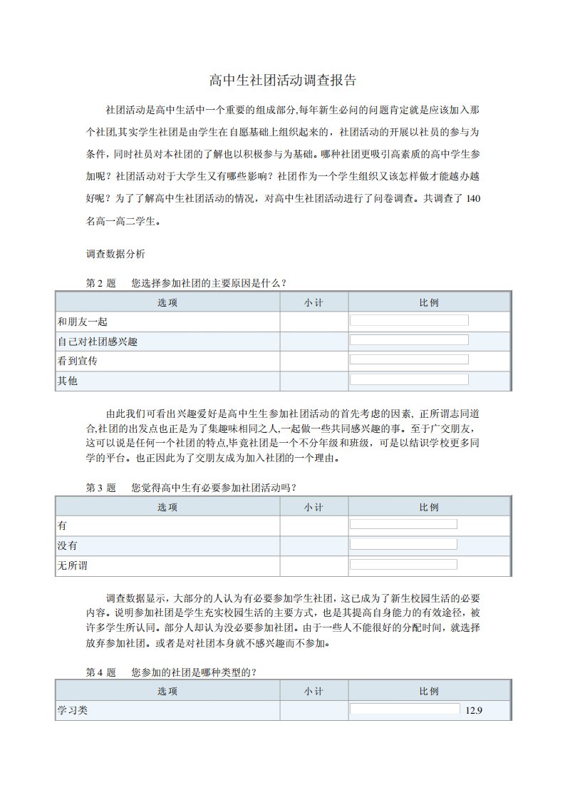 高中生社团活动调查报告