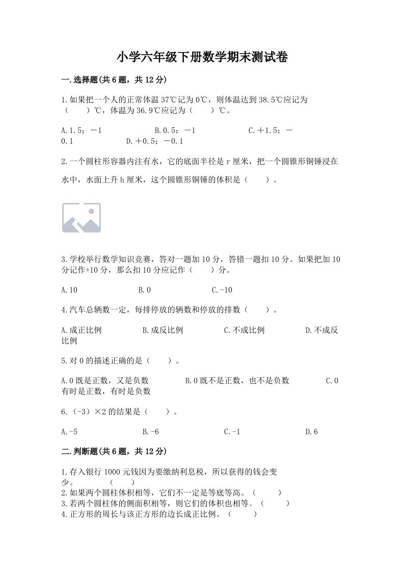 小学六年级下册数学期末测试卷（名师系列）