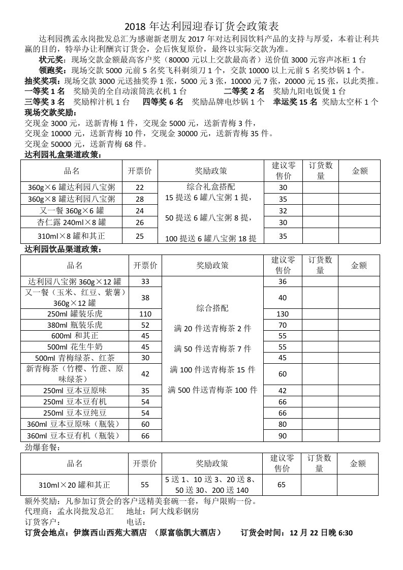 2018年达利园迎春订货会政策表