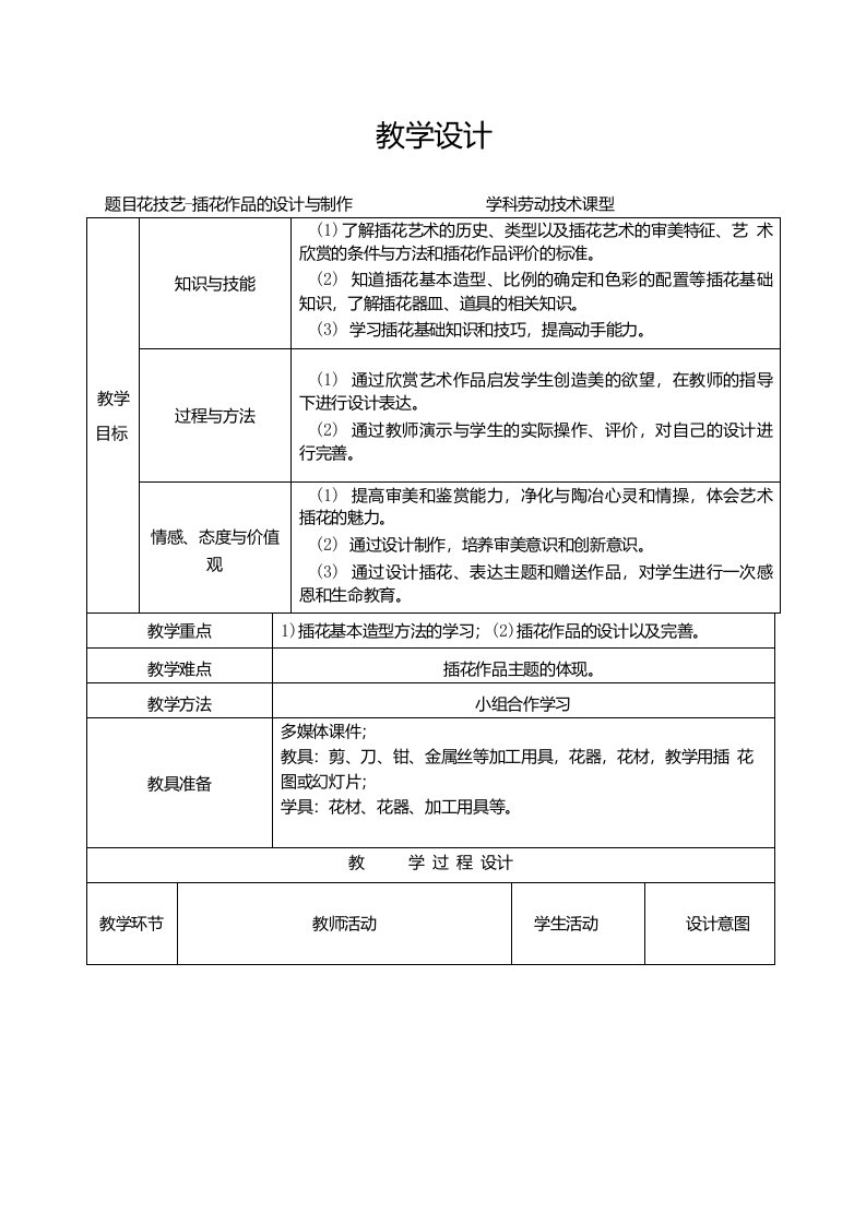 教学设计七年级劳动技术插花作品的设计与制作教案