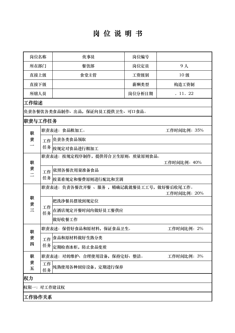 国际大酒店餐饮部岗位说明书炊事员样本