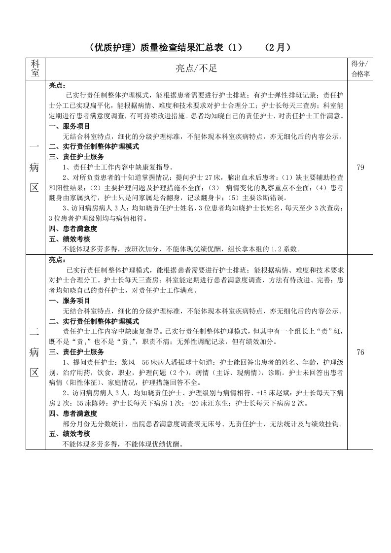 2月优质护理检查汇总