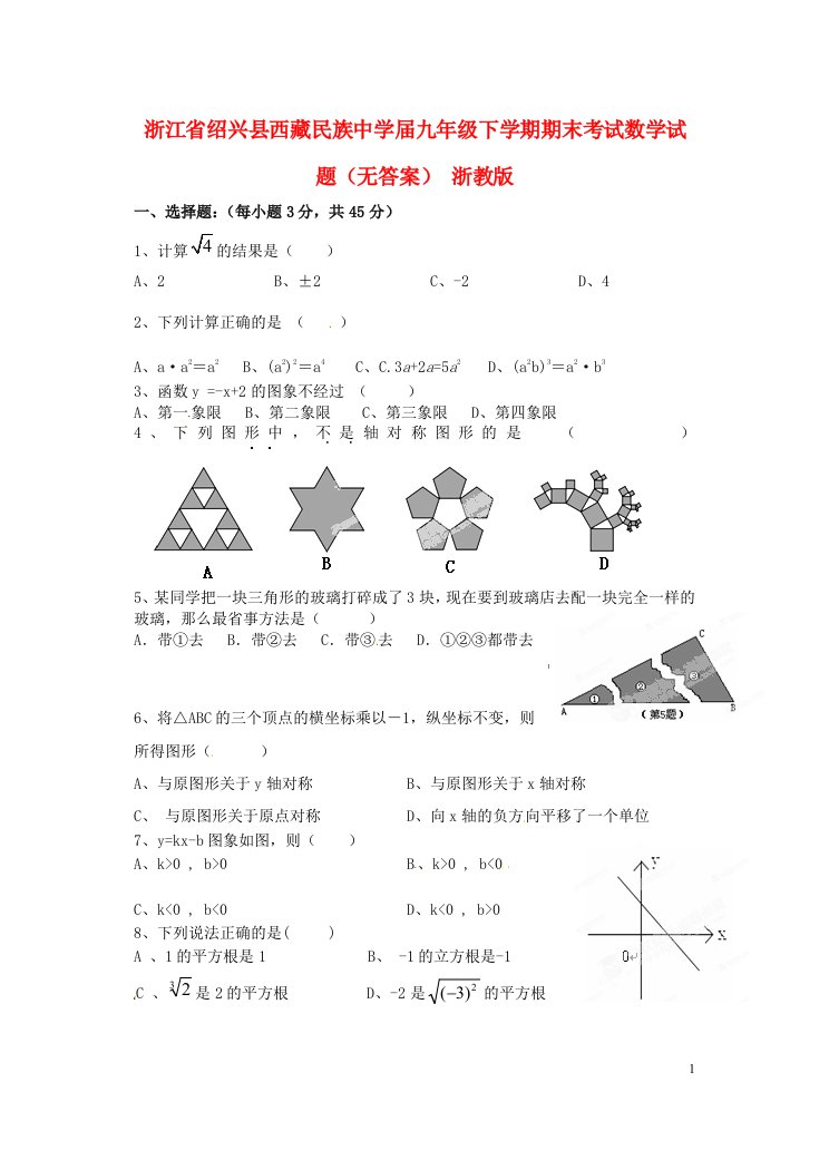 浙江省绍兴县西藏民族中学九级数学下学期期末考试试题（无答案）