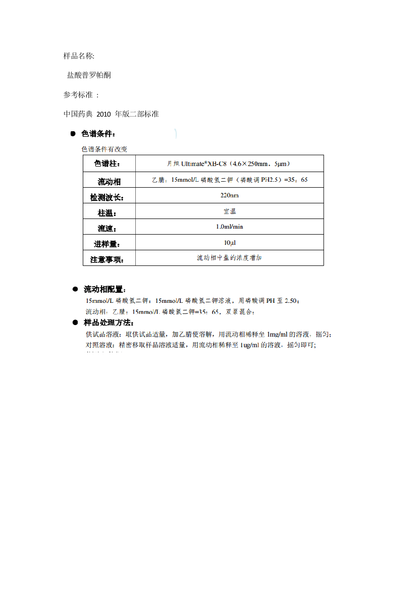 盐酸普罗帕酮HPLC液相谱图药典