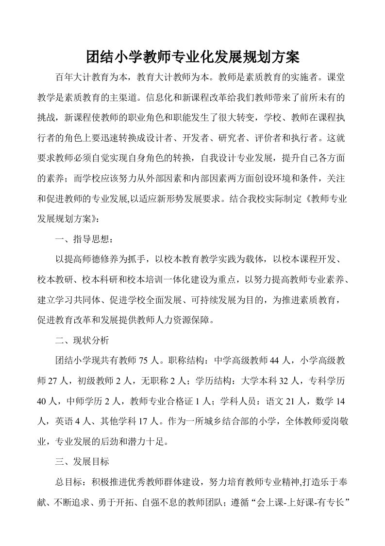 团结小学教师专业化发展规划方案