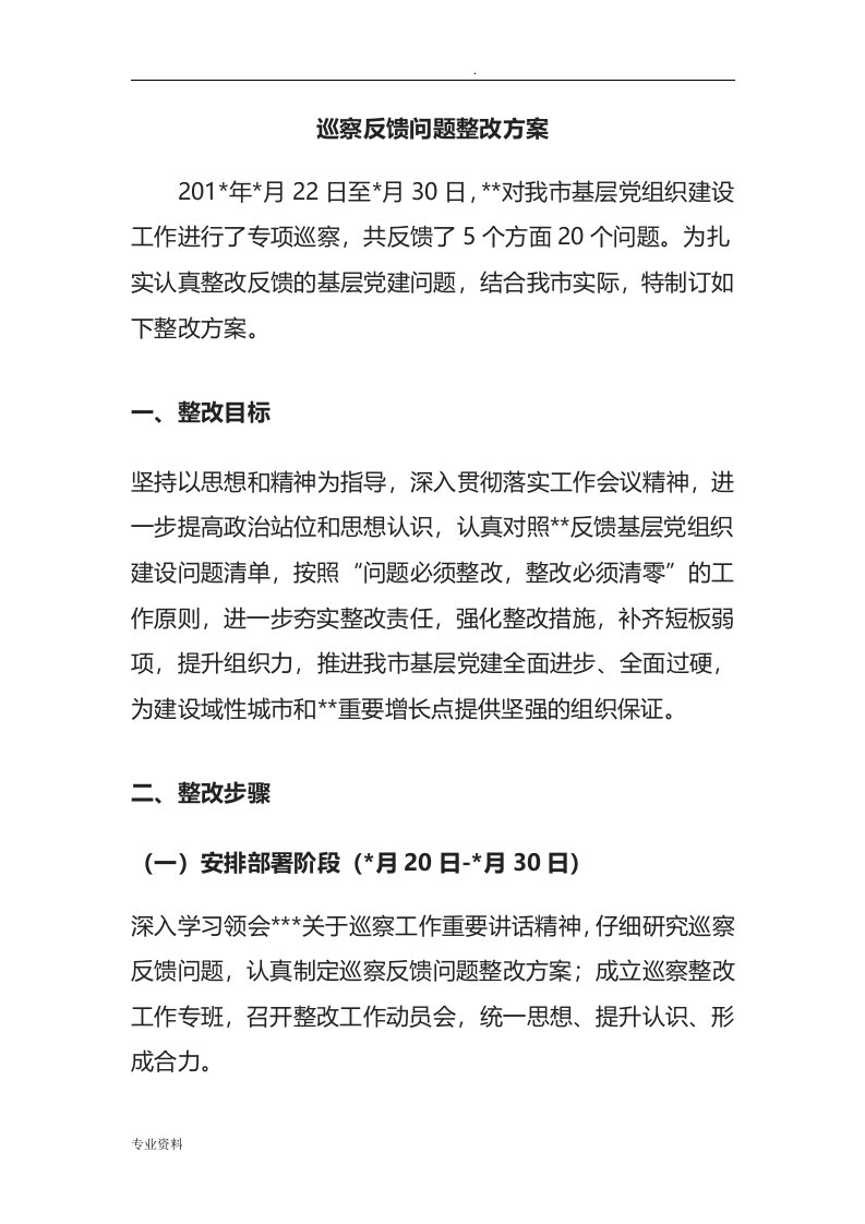 巡察反馈问题整改方案