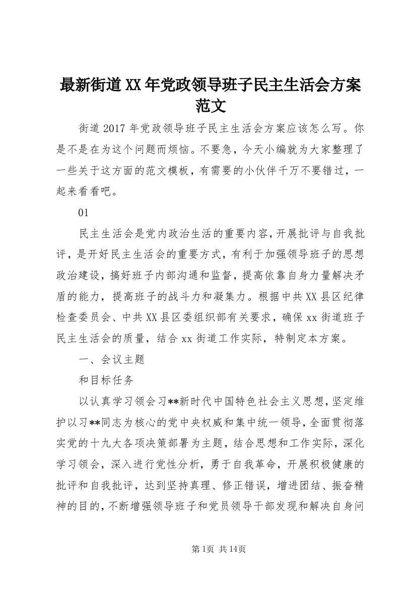 最新街道XX年党政领导班子民主生活会方案范文