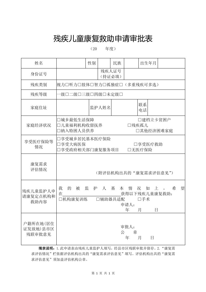 残疾儿童康复救助申请审批表