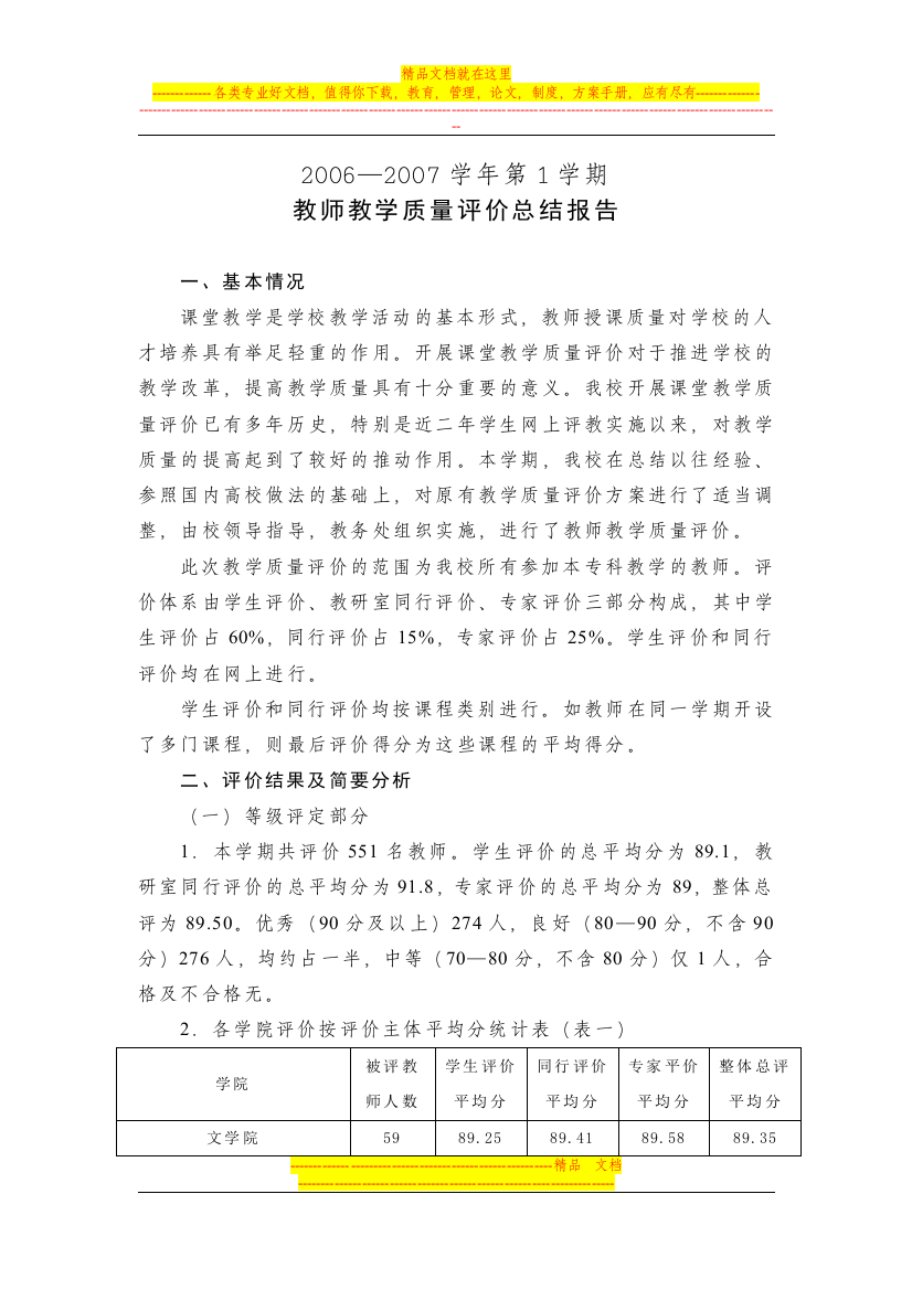 2006—2007学年第1学期教师教学质量评价总结报告