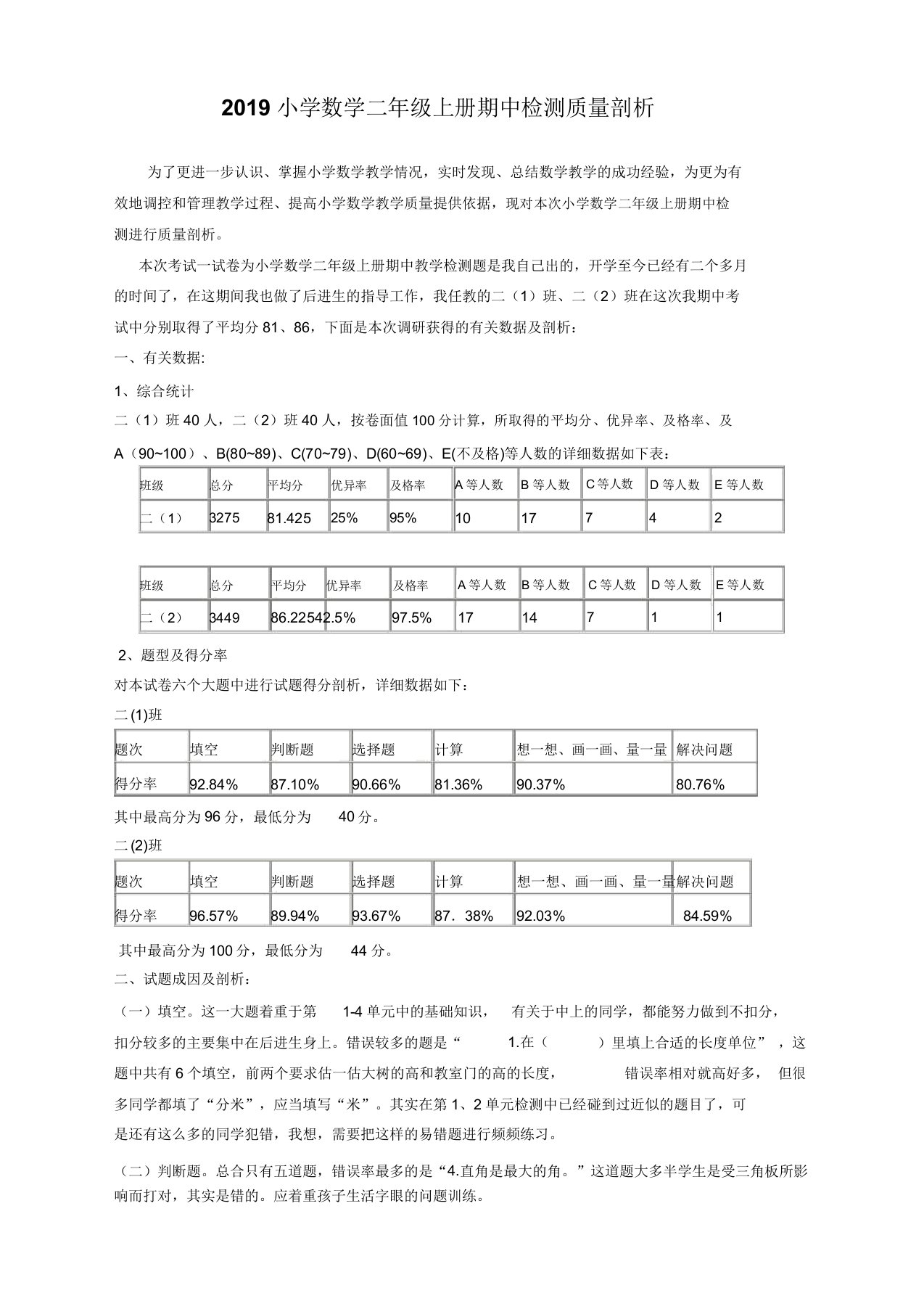 (精校)2019小学数学二年级上册期中检测质量分析