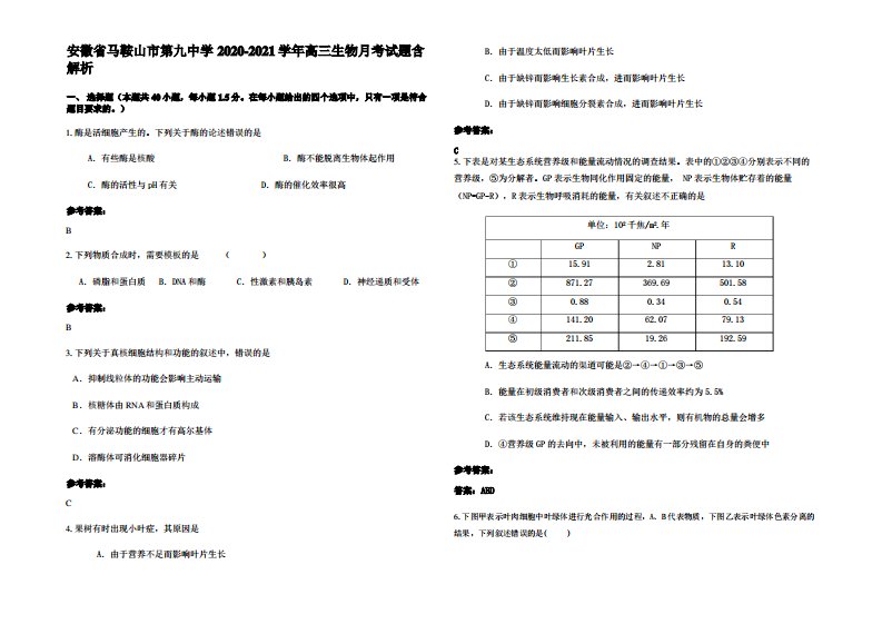 安徽省马鞍山市第九中学2020-2021学年高三生物月考试题含解析