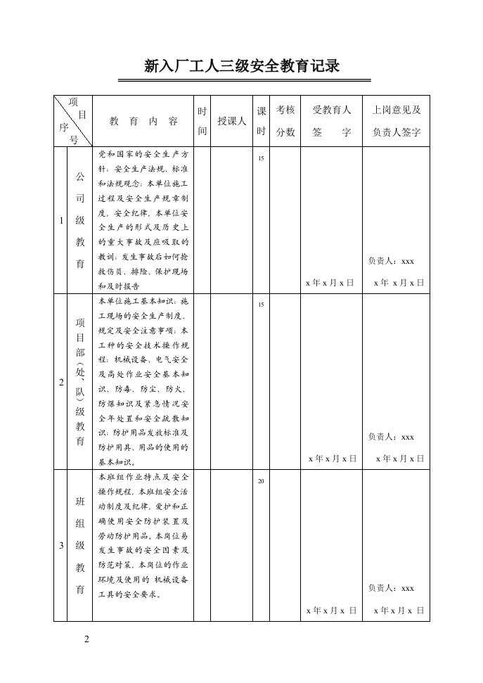 公司新员工安全教育档案