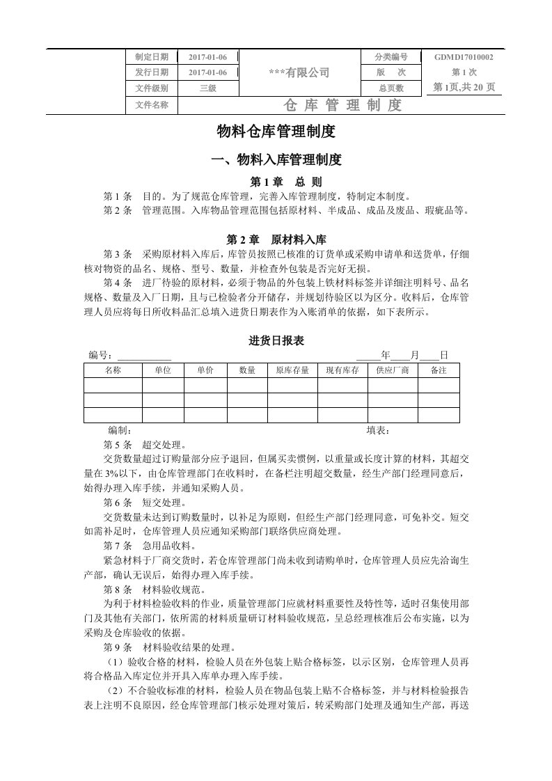 公司物料仓库管理制度