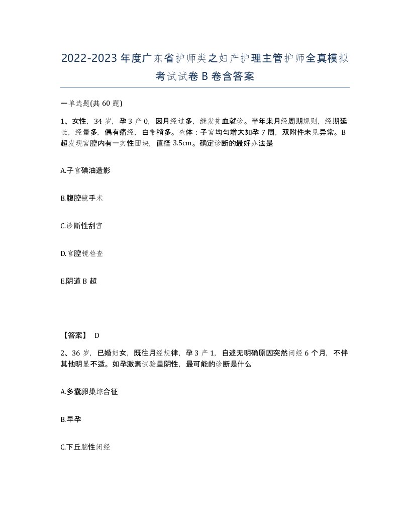 2022-2023年度广东省护师类之妇产护理主管护师全真模拟考试试卷B卷含答案