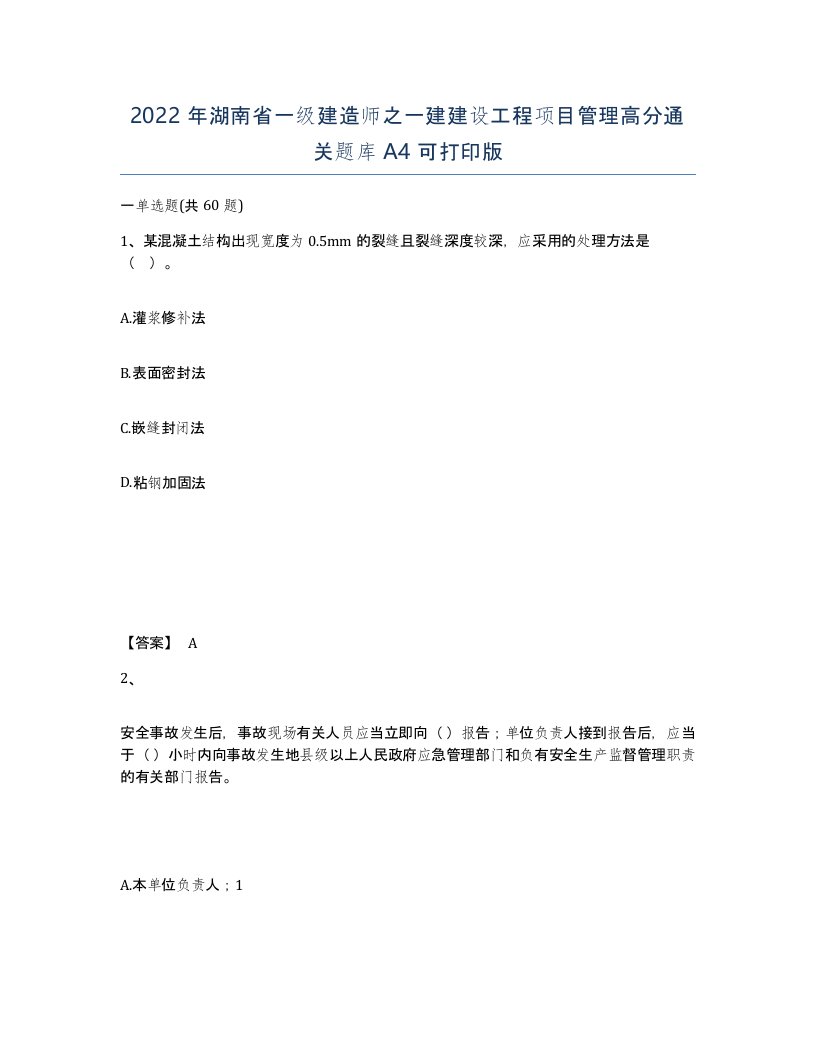 2022年湖南省一级建造师之一建建设工程项目管理高分通关题库A4可打印版