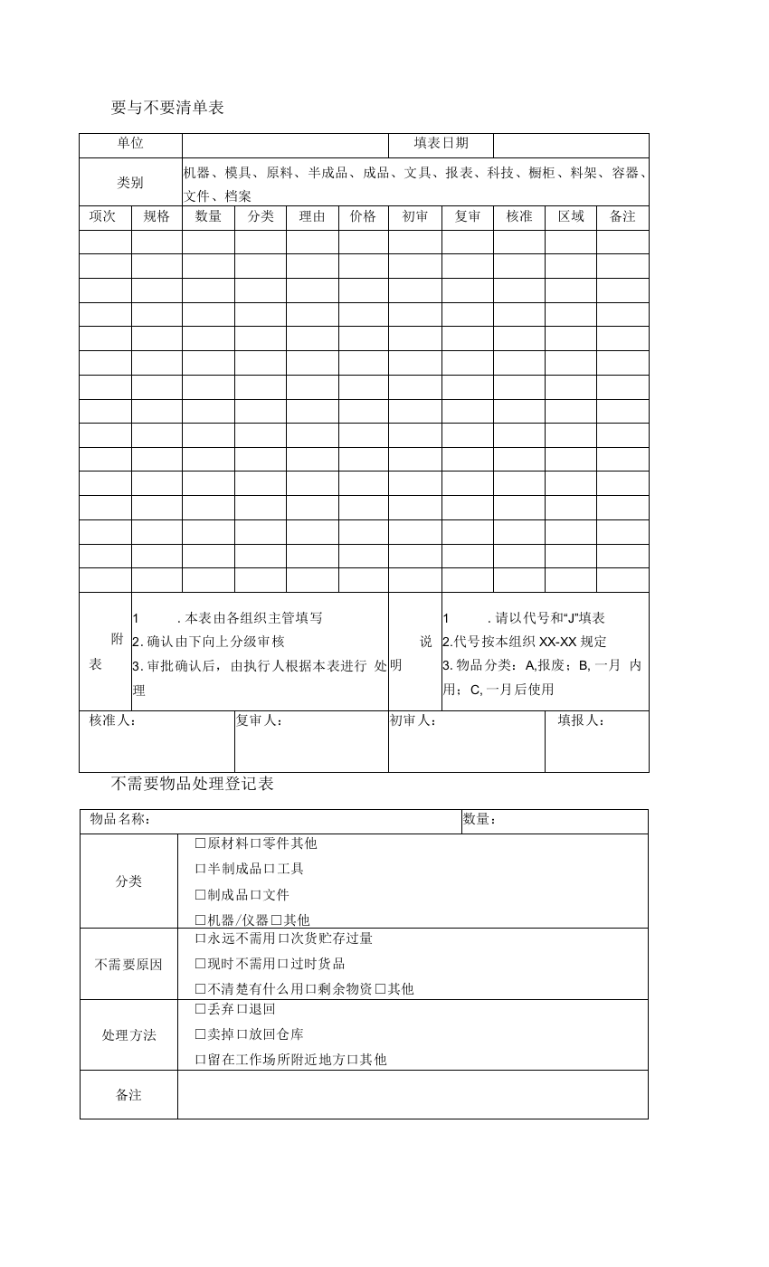 要与不要清单表、不需要物品处理登记表