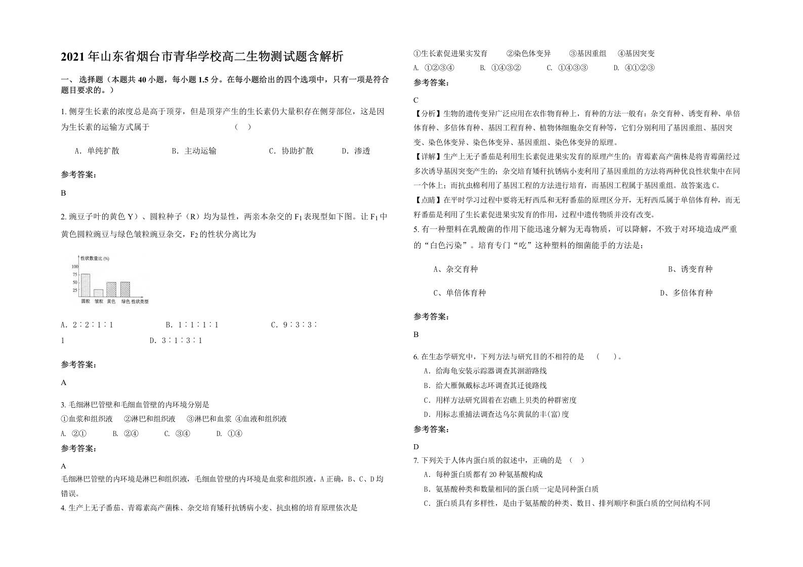 2021年山东省烟台市青华学校高二生物测试题含解析