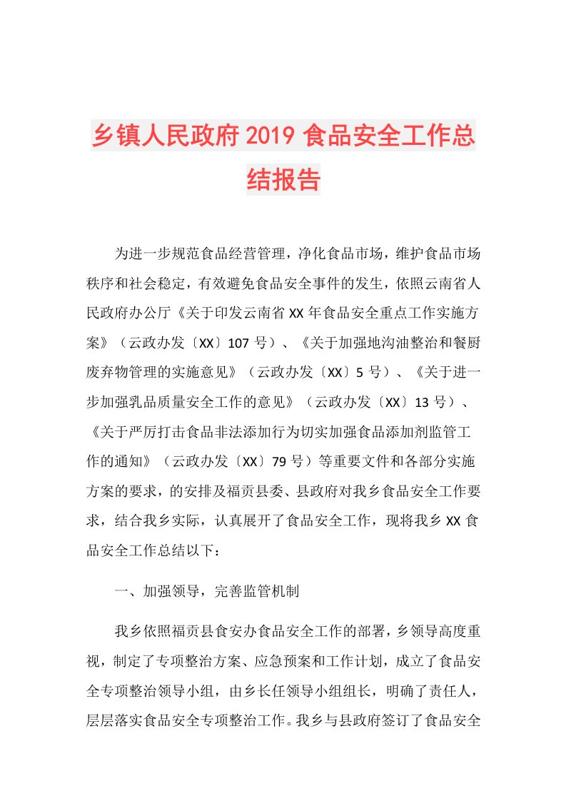 乡镇人民政府食品安全工作总结报告