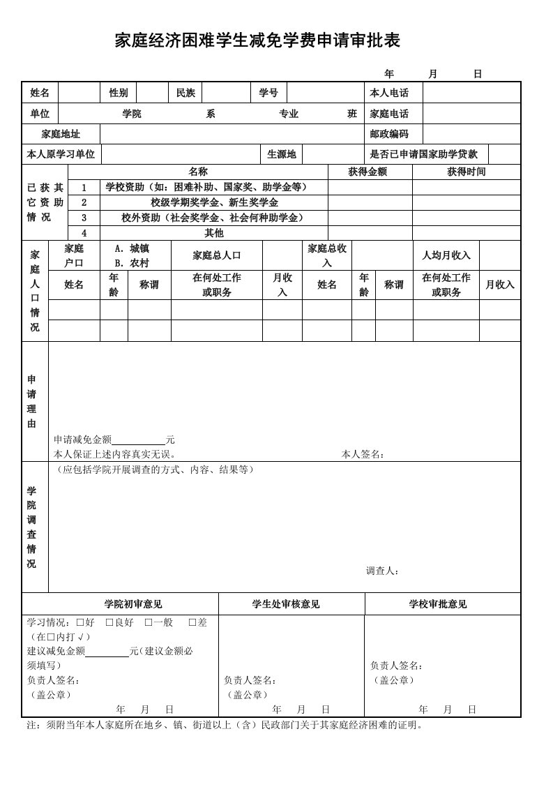 家庭经济困难学生减免学费申请审批表