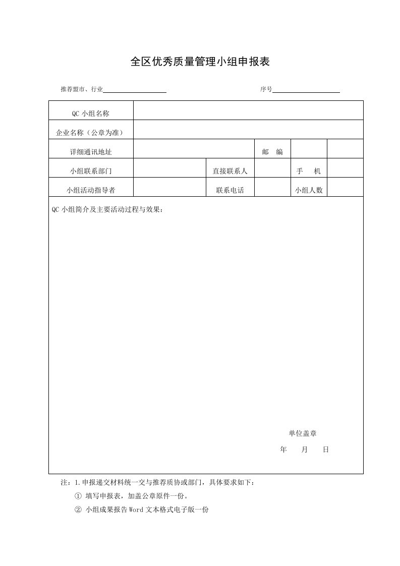 全区优秀质量管理小组申报表