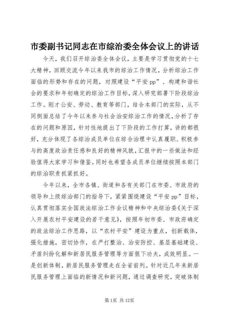 5市委副书记同志在市综治委全体会议上的致辞