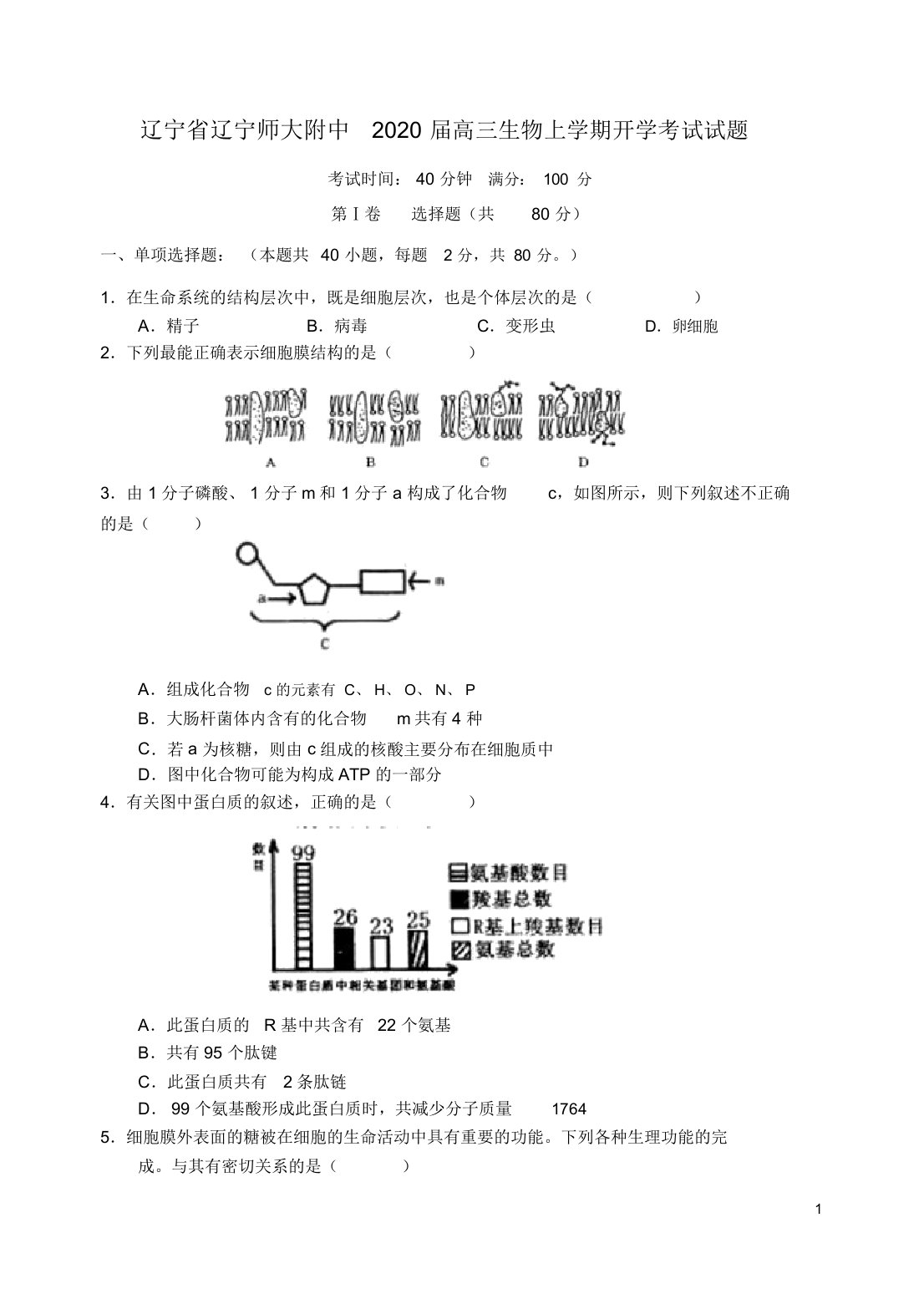 辽宁省辽宁师大附中2020届高三生物上学期开学考试试题