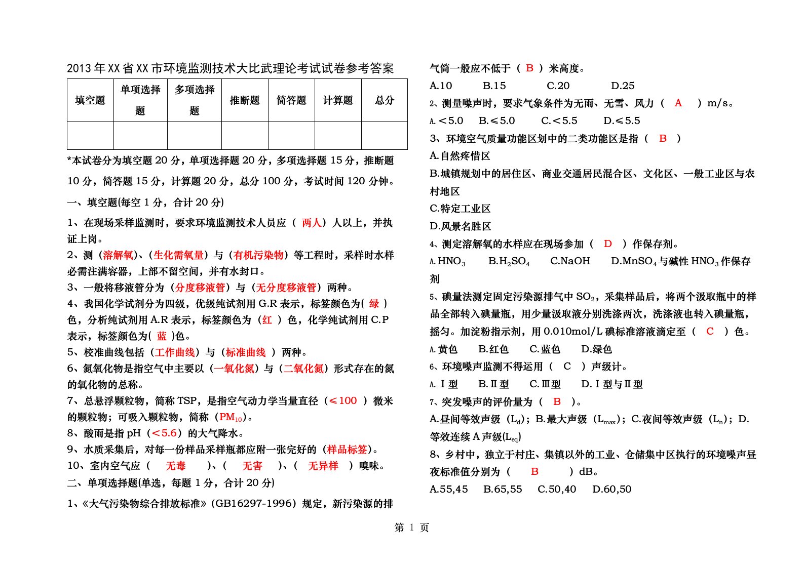 环境监测技术大比武理论考试试卷含参考答案