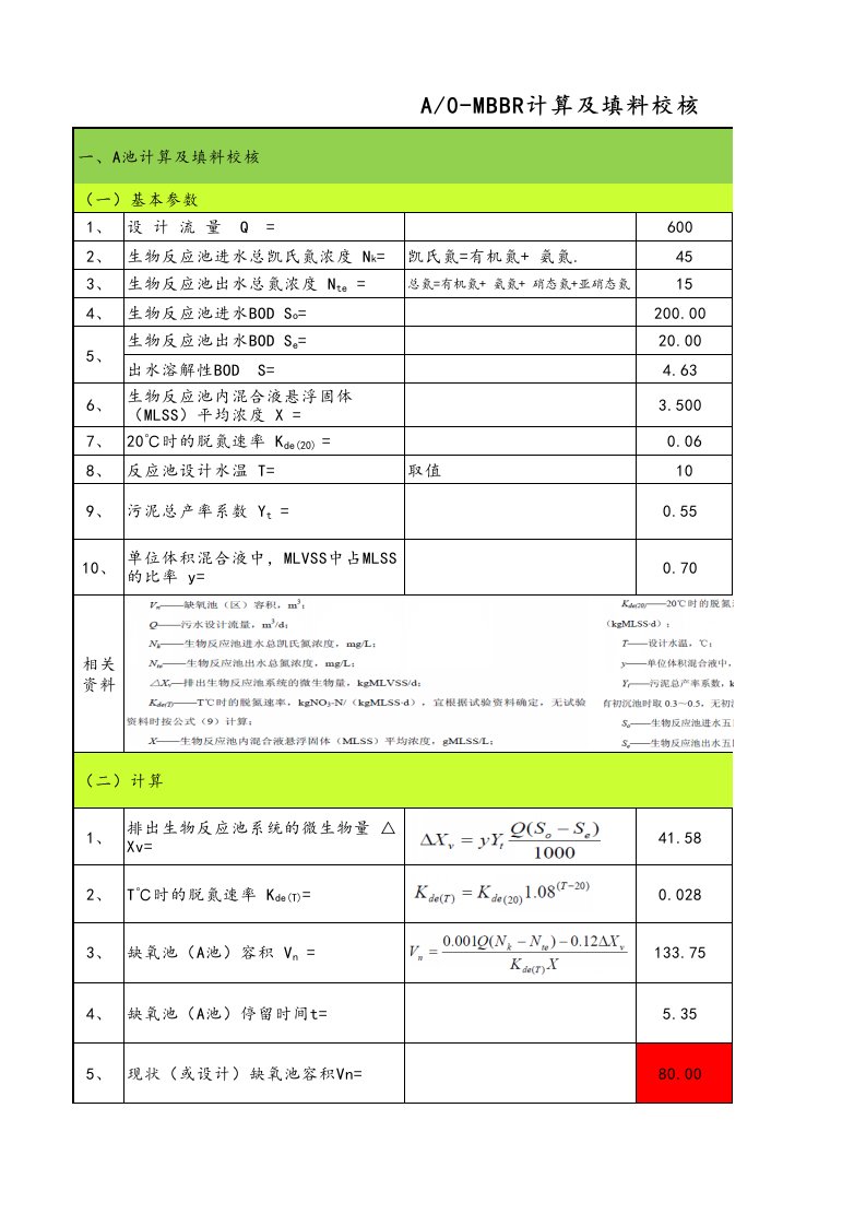 A0-MBBR设计计算及填料校核