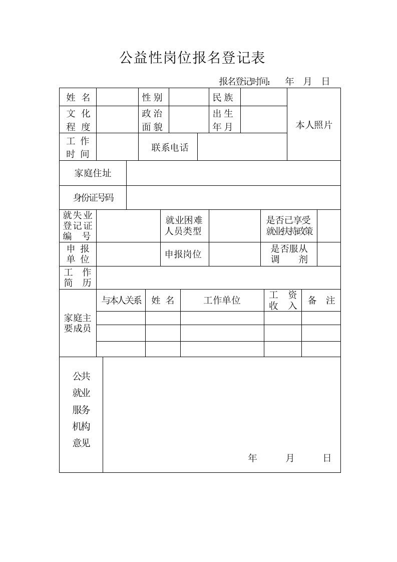 公益性岗位报名登记表