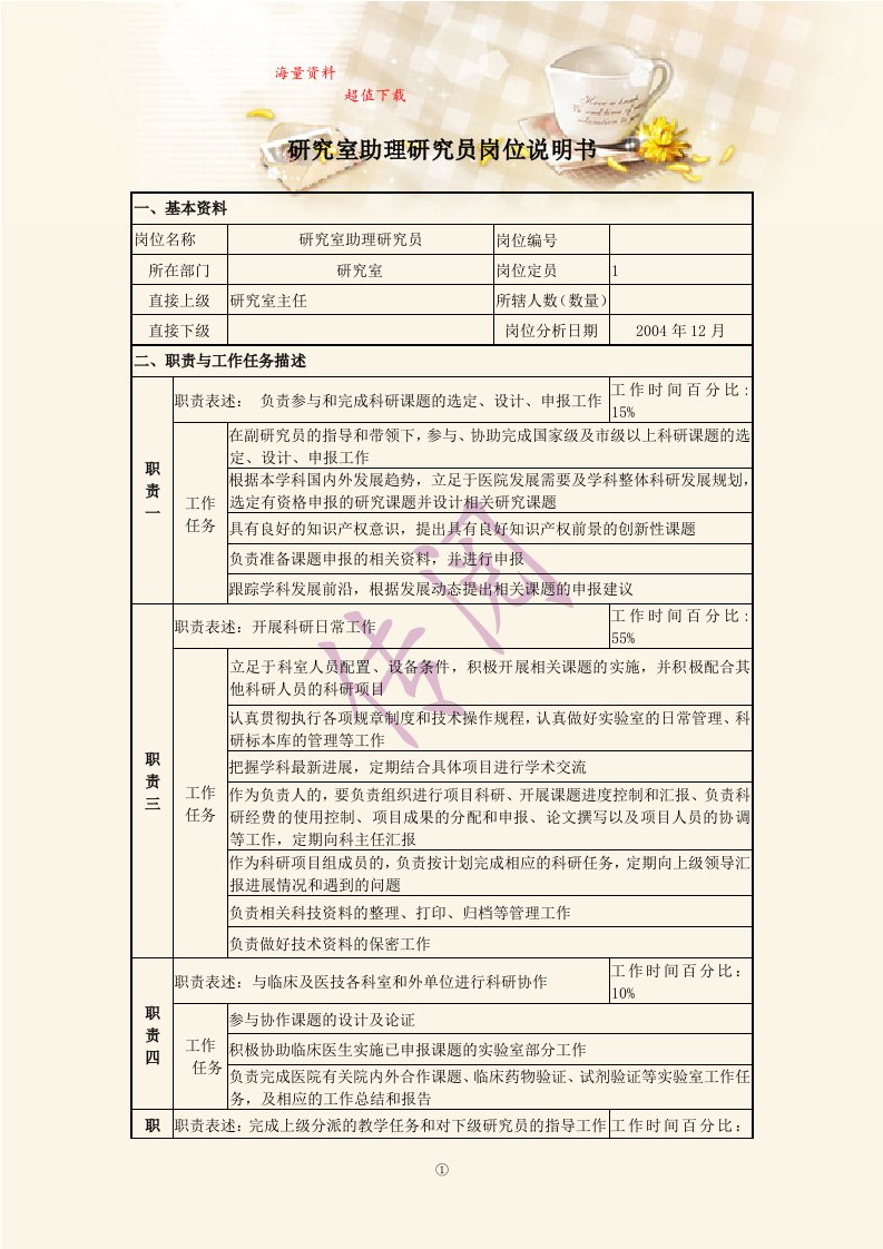 研究室助理研究员岗位说明书