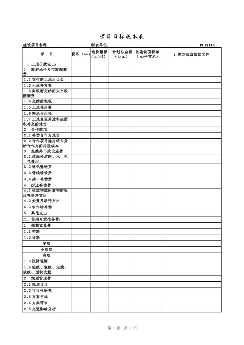 项目管理-PCF111项目目标成本表