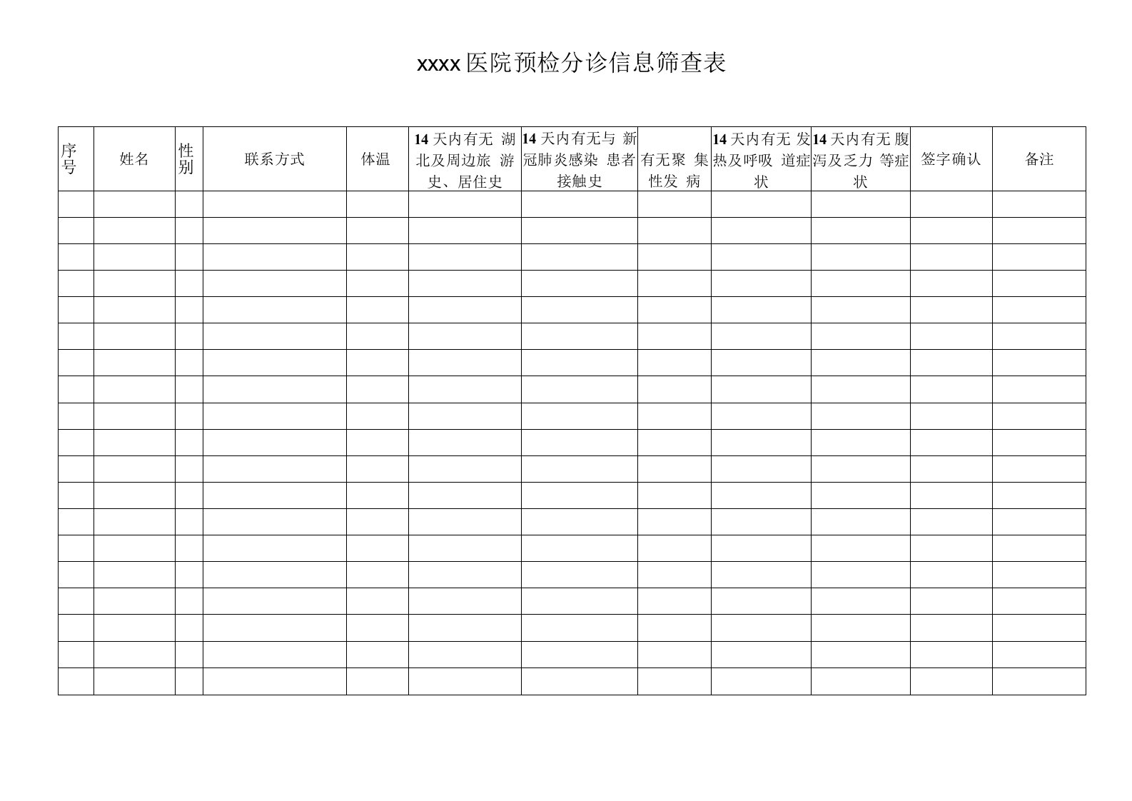 医院预检分诊筛查信息表