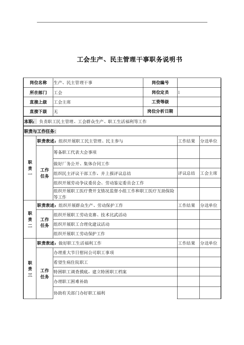 工会生产、民主管干事岗位说明书