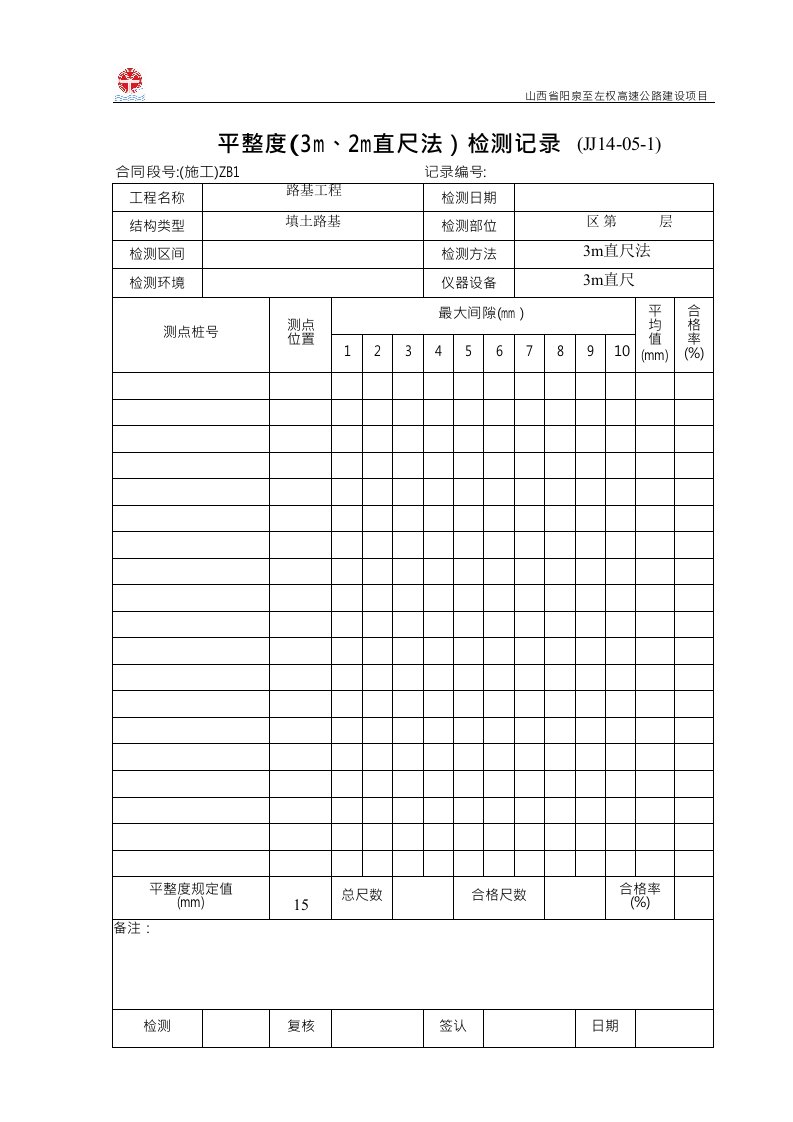 平整度(3m、2m直尺法)检测记录