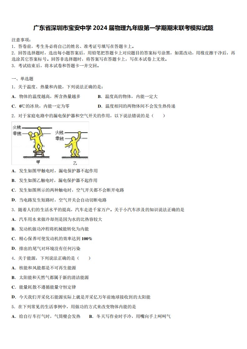 广东省深圳市宝安中学2024届物理九年级第一学期期末联考模拟试题含解析精品1205