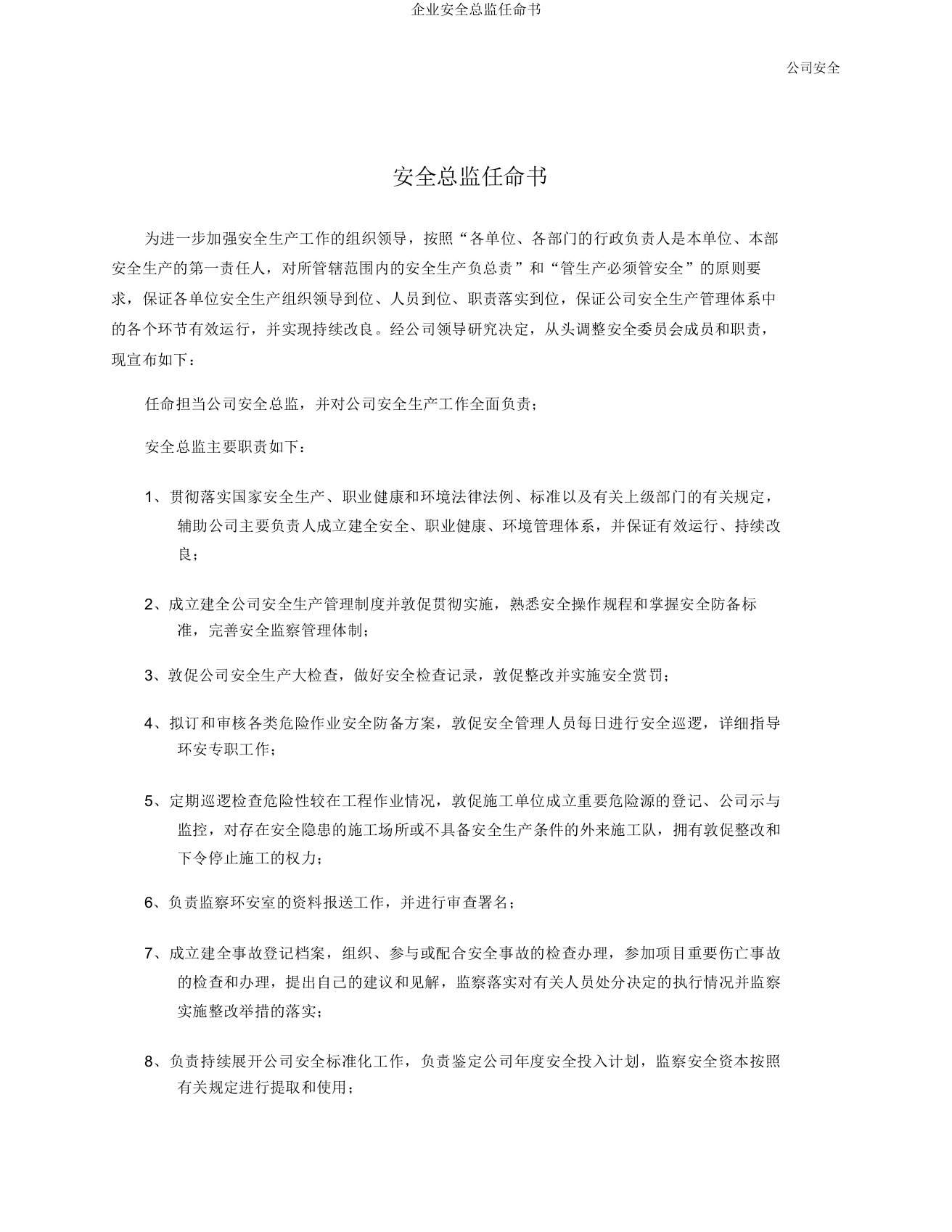 企业安全总监任命书