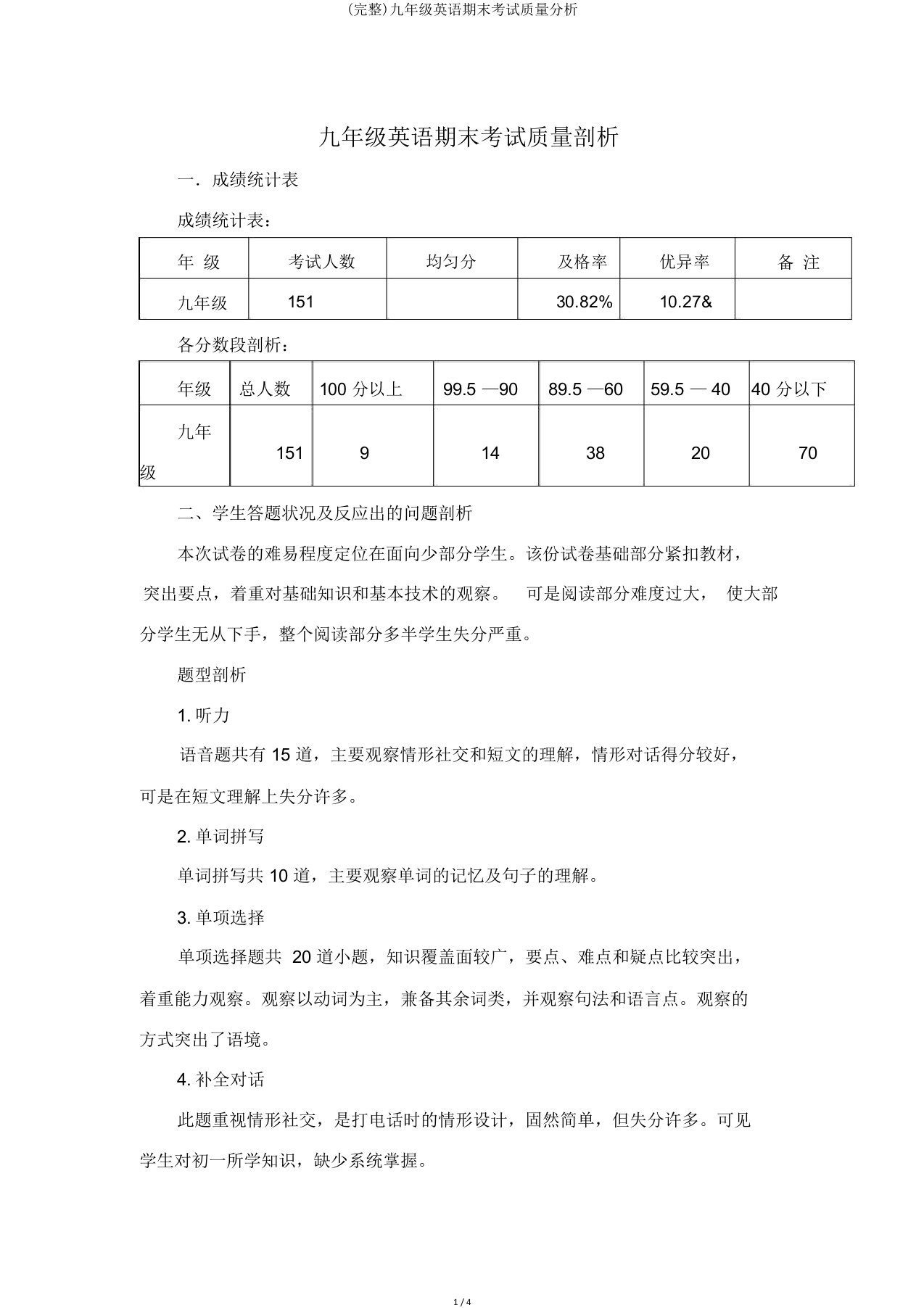 完整九年级英语期末考试质量分析