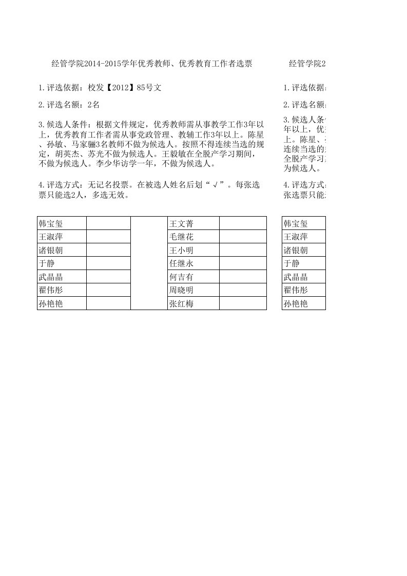 2015优秀教师评选选票