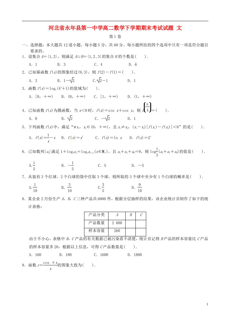 河北省永县第一中学高二数学下学期期末考试试题